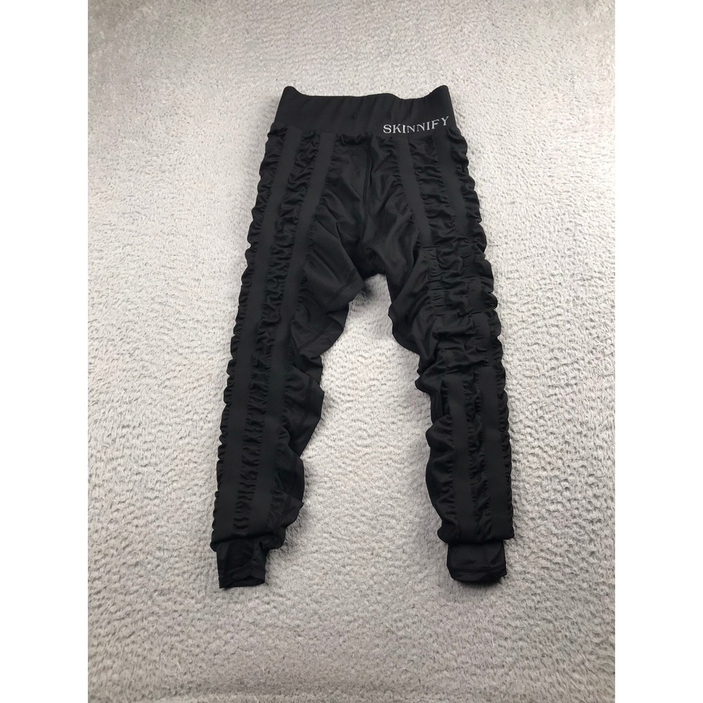 Skinnify Resistance Band Capri Leggings Women M Black Ruched Pleated High Waist